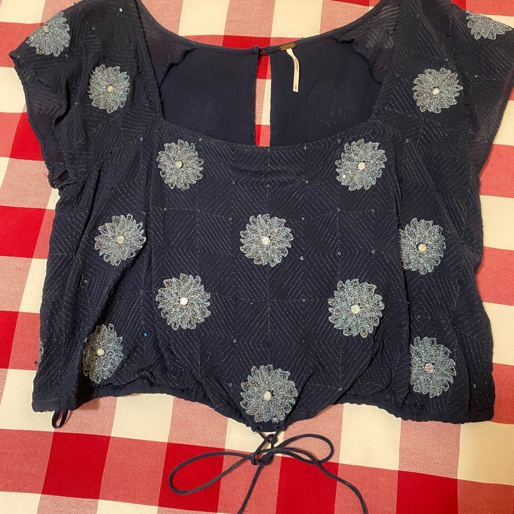 Navy Blue Embroidered Women's Top